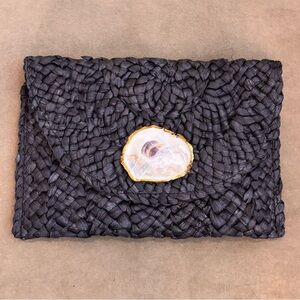 Handmade Black Raffia Straw Clutch Purse with natural Oyster Shell Accent NEW